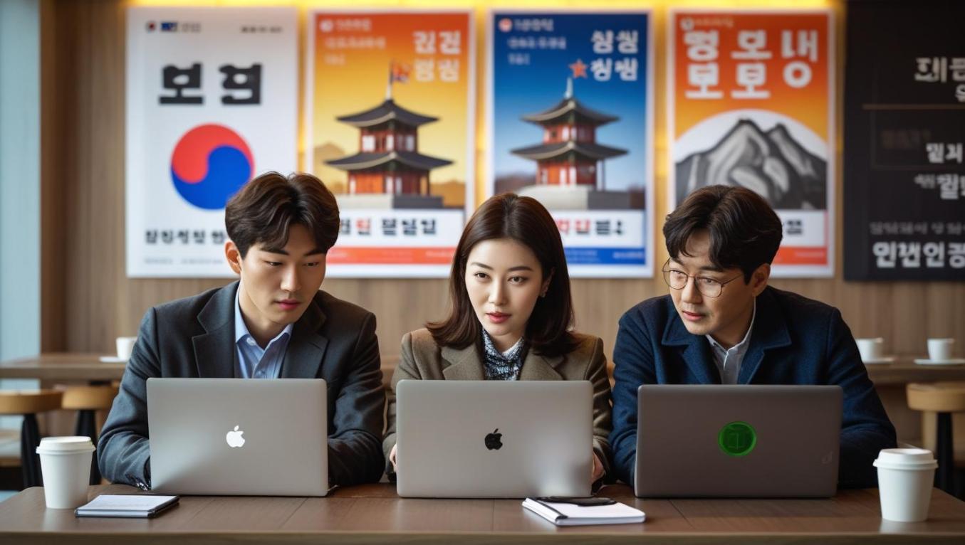 Koreans in a cafe using laptops and phones for political discussions online.