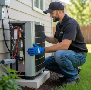 HVAC technician installing an eco-friendly air conditioning system